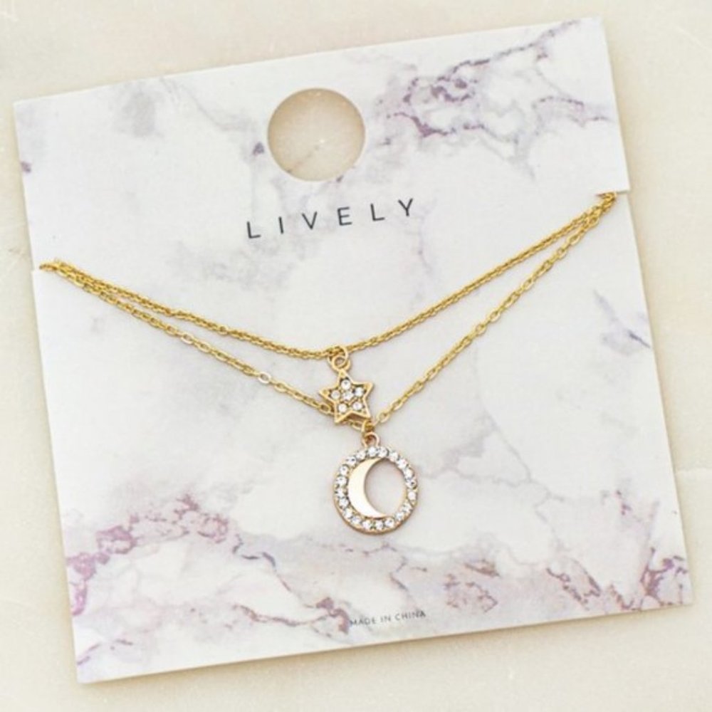 NEW Gold Moon Star Pendant Double Dainty Necklace - Picture 4 of 8